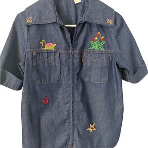 70’s VINTAGE EMBROIDERY FULL ZIP LEVI DENIM BLOUSE L